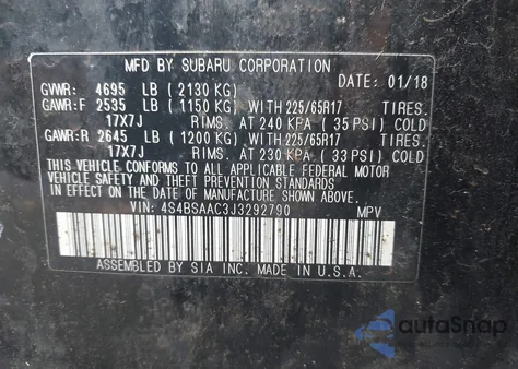 2018 Subaru Outback 2.5I from USA, damaged, VIN 4S4BSAAC3J3292790